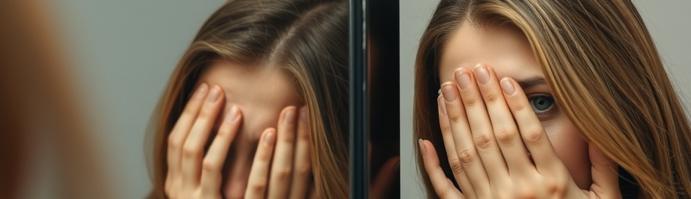 Eine Frau, die traurig oder nachdenklich in den Spiegel schaut, während ihre Hände ihr Gesicht bedecken. Das Bild soll Scham und das Gefühl der Geheimhaltung ausdrücken.