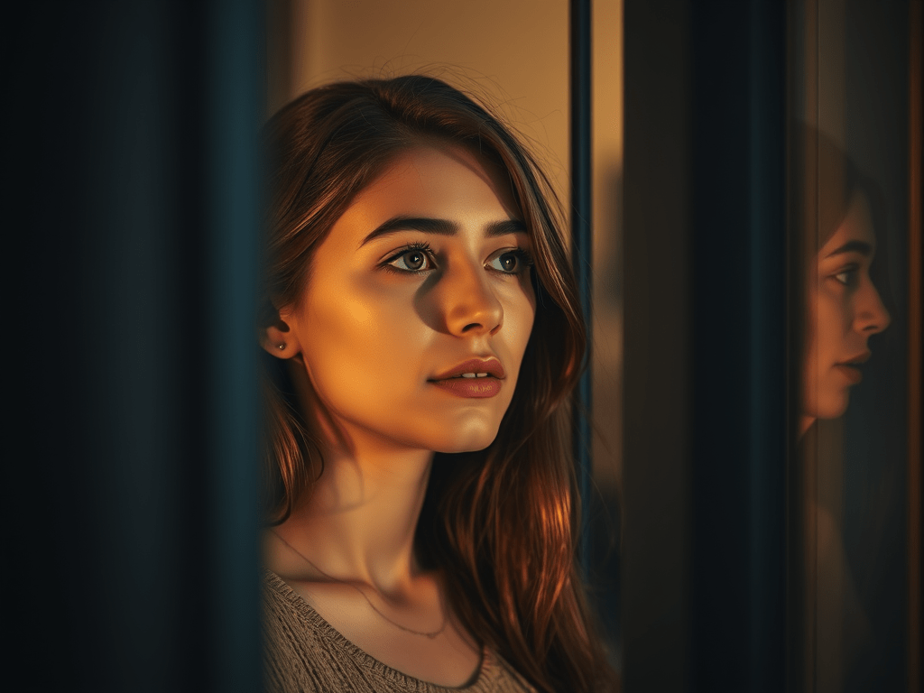 Hoffnungsvoller Blick einer Bulimikerin aus dem Fenster.