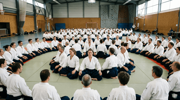 Meditating group in concentric circles indoors