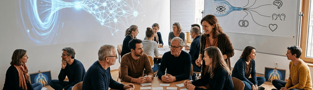 Group workshop on artificial intelligence with diagrams and discussion cards